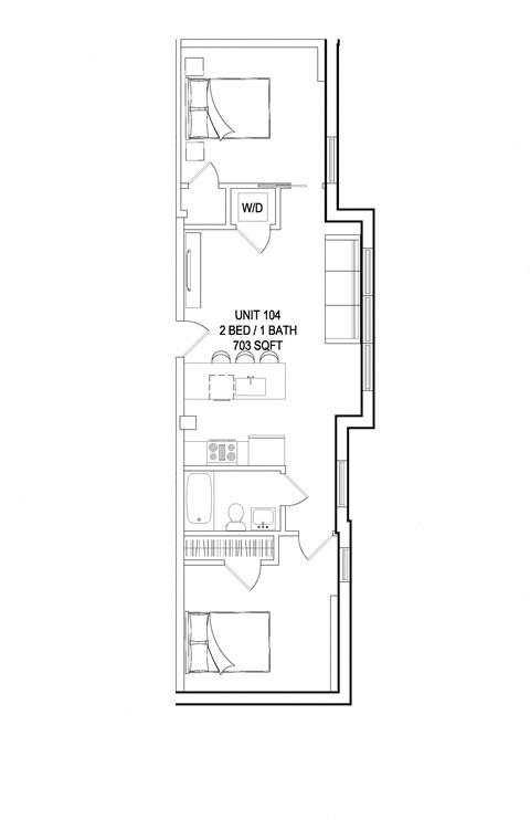 Floor plan for 2 beds, 1 bath, 703 sqft